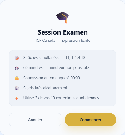 Écran d'introduction session examen Expria