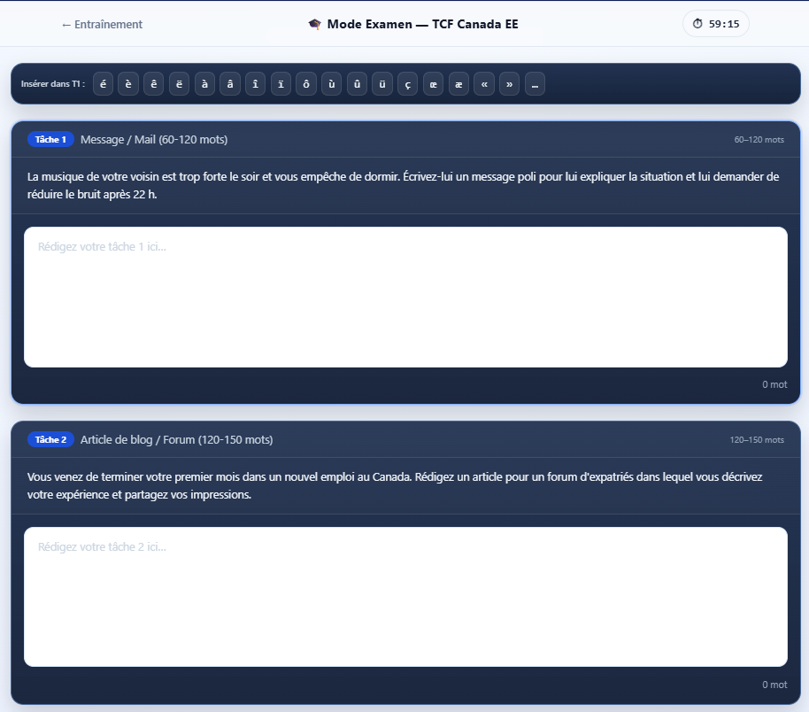 Écran complet mode examen 3 tâches Expria
